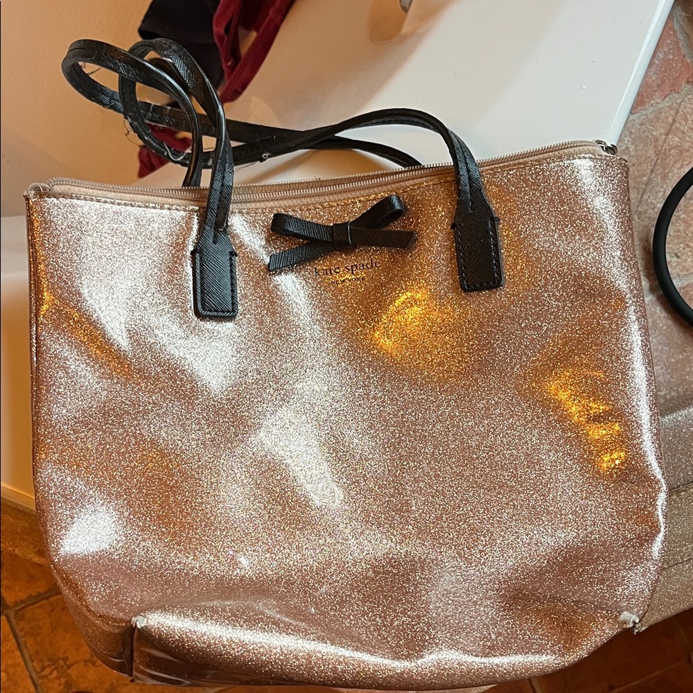 kate spade Rose Gold Glitter Tote with Black Trim and Bow FREE wallet